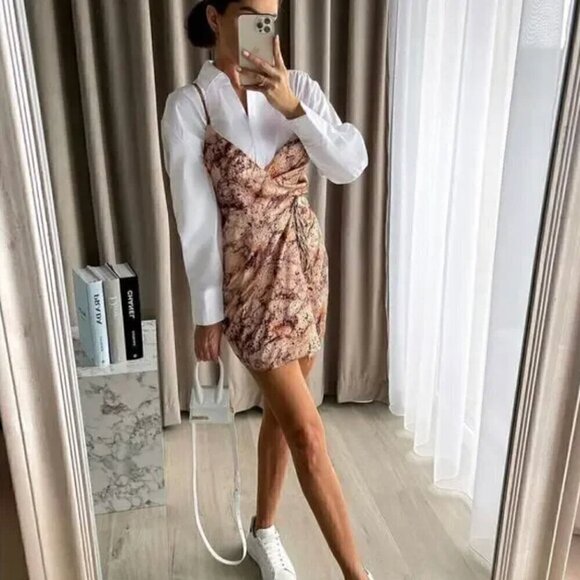 Zara Dresses & Skirts - Zara Mini Dress S Satin Effect Wrap Slip Marble Print V-Neck Blogger Fav Neutral